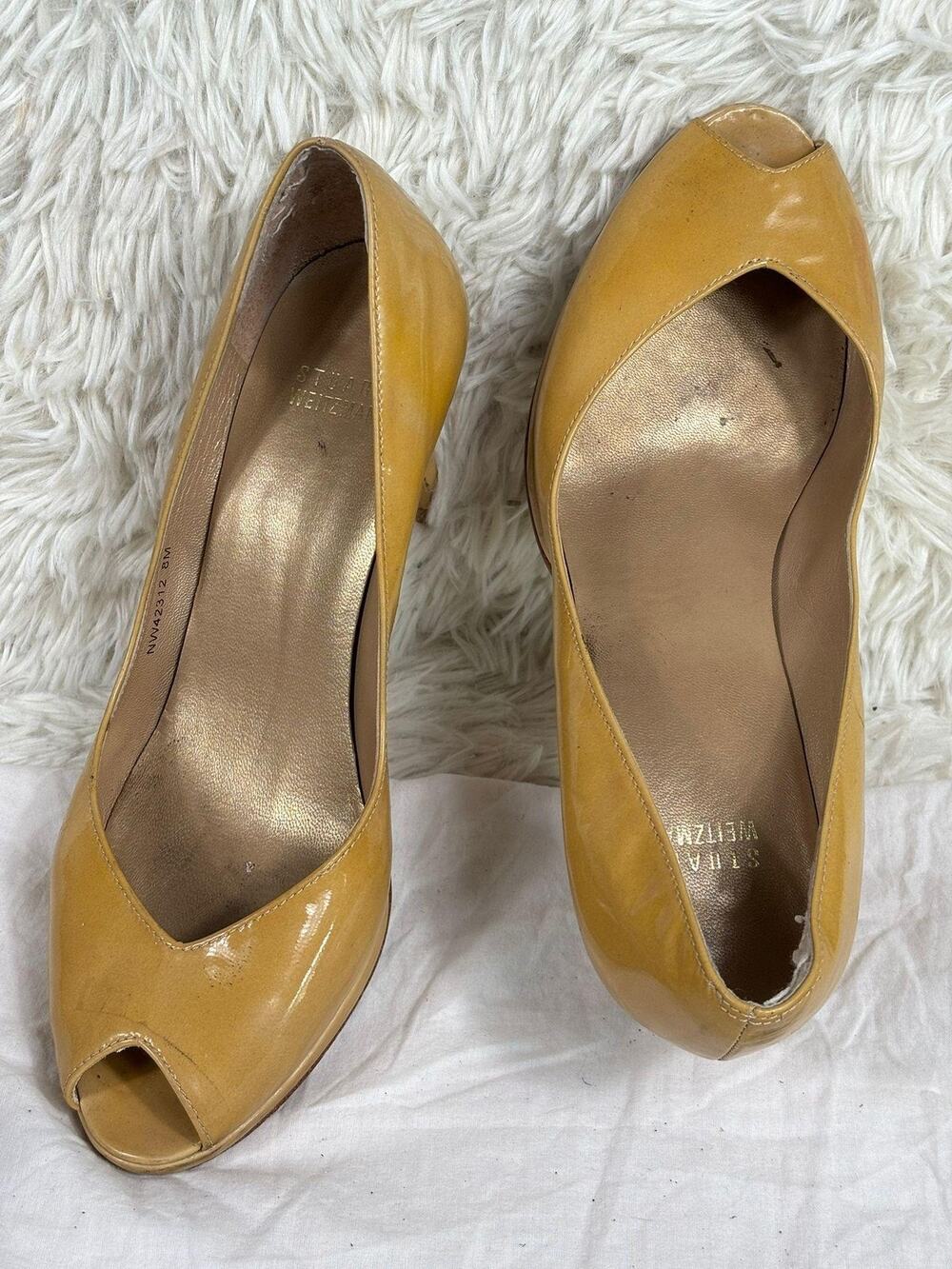 Stuart Weitzman Shoes Womens Size 8 Yellow Patent Peep Toe Pumps Heels NWA21372
